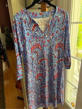 Coolibar Small Blue Paisley Oceanside Tunic Dress with Red Accents